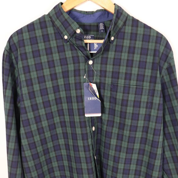IZOD Essential Poplin Button Down Plaid Shirt Navy/Green Sz M NWT - Picture 2 of 7